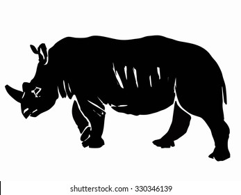 rhino silhouette isolated , black and white sketch, white background
