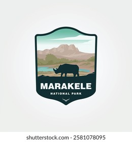 Rhino silhouette on a national park badge with mountains and wate