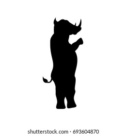 Rhino silhouette stands on two legs isolated on white background
