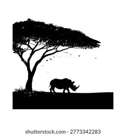 Rhino silhouette under acacia tree african savanna landscape