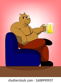 A rhino is sitting and drinking beer on sofa. It looks good and happy.
