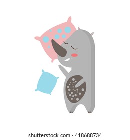 Rhino Sleeping In Bed Creative Funny And Cute Flat Design Vector Illustration In Simplified Mulicolor Style On White Background