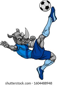 A rhino soccer football player cartoon animal sports mascot kicking the ball