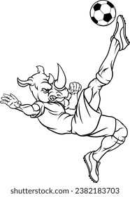 A rhino soccer football player cartoon animal sports mascot kicking the ball