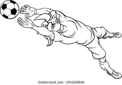 A rhino soccer football player goal keeper cartoon animal sports mascot diving to catch the ball
