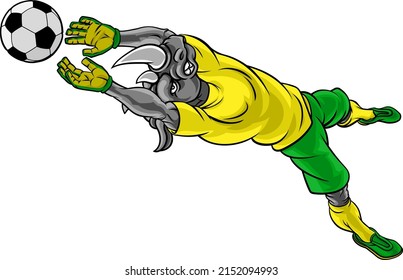 A rhino soccer football player goal keeper cartoon animal sports mascot diving to catch the ball
