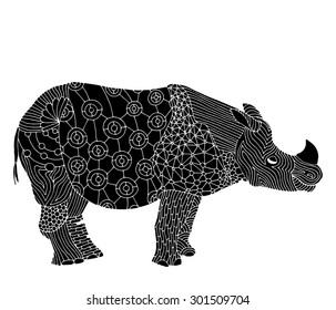 Rhino - Stylized fantasy patterned Rhinoceros. Hand drawn vector illustration with floral elements. Original hand drawn Rhinoceros 