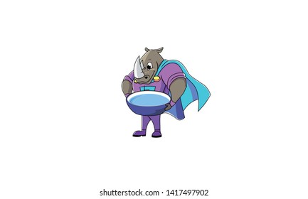 rhino superhero. rhinoceros in a raincoat. rhino in blue suit. rhinoceros hold a bowl in hand