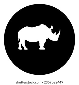 A rhino symbol in the center. Isolated white symbol in black circle. Vector illustration on white background