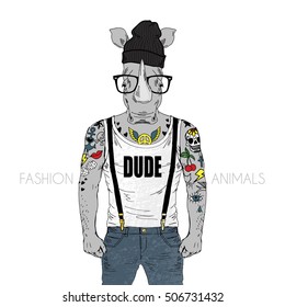 rhino with tattoo dressed up in tee, furry art illustration, fashion animals, hipster animals, anthropomorphism