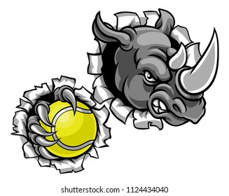 A rhino tennis animal sports mascot holding a ball and breaking through the background with its claws