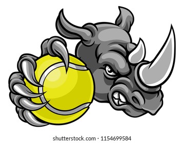 A rhino tennis animal sports mascot holding a ball