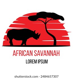 Rhino and Tree Silhouette in Savannah Sunlight Icon. Nature and wildlife concept vector art