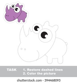 Rhino in vector to be traced. Restore dashed line and color the picture. Trace game for children.