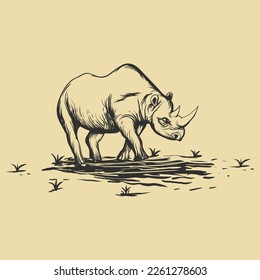 Rhino Vector Drawing- Hand Drawing Black And white Illustration Vector Image 