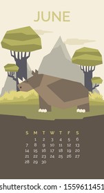 Rhino. Vector Geometric Flat Style Wild Endangered Animals Calendar 2020. Editable Template Can Be And Used As A Desk, Table Or Wall Calender