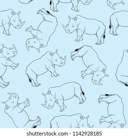 Rhino vector seamless pattern isolated on blue background. African motive for fabric, textile, wallpaper