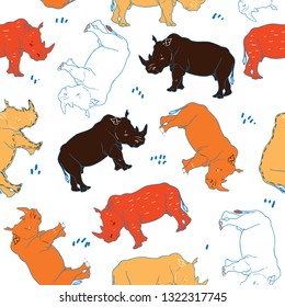 Rhino vector seamless pattern isolated on blue background. African motive for fabric, textile, wallpaper. Orange, brown, white, red, warm colors rhinoceros