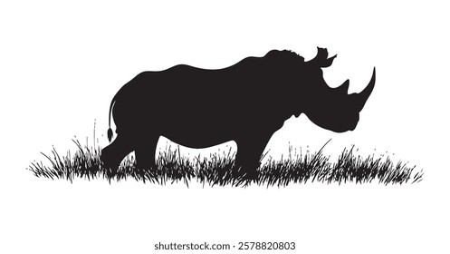 A rhino is walking through a field of grass