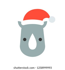 rhino wearing santa hat, flat icon design