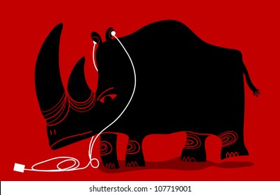 rhino with a white portable music device and headphones