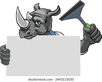 A rhino window cleaner or car wash cleaning cartoon mascot man holding a squeegee washing tool