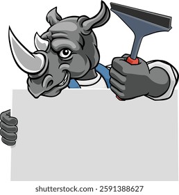 A rhino window cleaner or car wash cleaning cartoon mascot man holding a squeegee washing tool