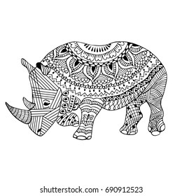 Rhino zen tangle stylized, hand drawn, illustration, black and white