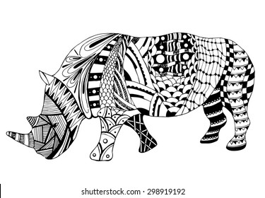 Rhino zentangle stylized, vector, illustration, freehand pencil, doodle, black and white