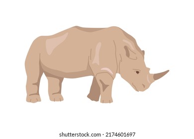 Rhinoceros African fauna and endangered animals, isolated rhino. Herbivore creature living in wilderness habitat of species. Flat cartoon, vector illustration