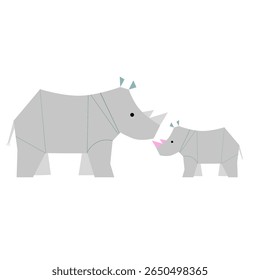 Rhinoceros and baby , flat vector art of armored savanna mammals. Cartoon-style horned pair for nature education, wildlife protection themes, eco books and safari-themed kids content.