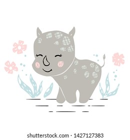 Rhinoceros baby girl cute print. Sweet rhino. Cool african animal illustration for nursery, playroom, t-shirt, kids apparel, baby party invitation, birsday card, newborn pajamas. Summer landscape