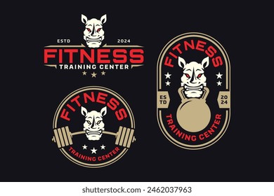 rhinoceros with barbell and kettlebell logo design for fitness, gym, bodybuilding, weightlifting club