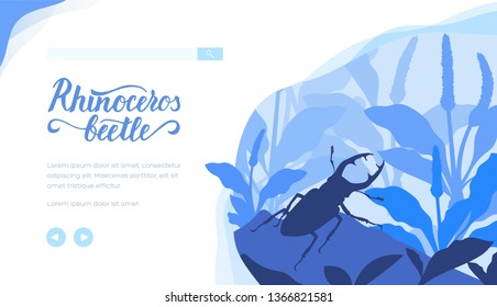 Rhinoceros beetle crawling between plants. Silhouette of bug with horns in life environment in blue colours. Closeup view of insect. Place for text. Vector design for biology, agricultural projects.