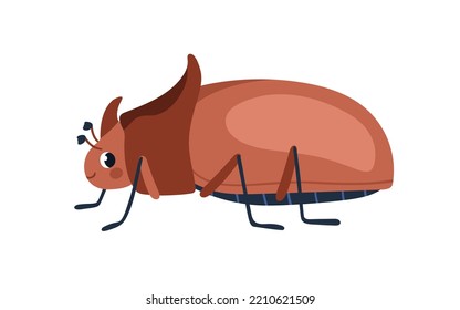 Rhinoceros beetle, cute insect. Horned rhino bug. Funny childish adorable amusing character with happy smiling face. Kids flat vector illustration isolated on white background