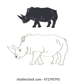 Rhinoceros black and white character and its outline. African animal with a horn on the nose. Sketch. Coloring book. Vector.