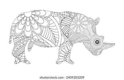 Rhinoceros. Black white hand drawn doodle animal. Ethnic patterned vector illustration. African, indian, totem, tribal, zentangle design. Sketch for coloring page, tattoo, poster, print, t-shirt