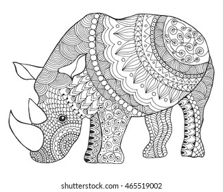 Rhinoceros. Black white hand drawn doodle animal. Ethnic patterned vector illustration. African, indian, totem, tribal, zentangle design. Sketch for coloring page, tattoo, poster, print, t-shirt