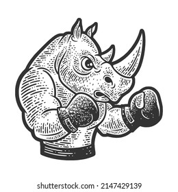 rhinoceros boxer sketch engraving vector illustration. T-shirt apparel print design. Scratch board imitation. Black and white hand drawn image.