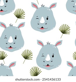 rhinoceros calf seamless pattern on white background. Cute baby rhino textile, wallpaper, wrapping, greeting card and baby design, clothes