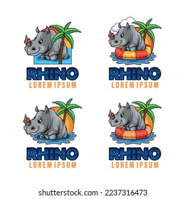 rhinoceros cartoon logo character with beach background, for logo