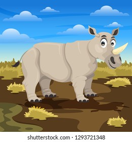 rhinoceros cartoon in the savannah stock vector illustration