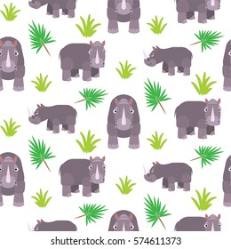 Rhinoceros cartoon vector seamless pattern. Savannah wild zoo animal background.