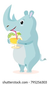 Rhinoceros with a cocktail. Vector illustration isolated on the white background.