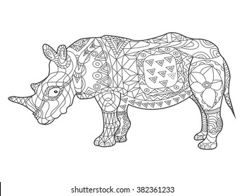 Rhinoceros coloring book for adults vector illustration. Anti-stress coloring for adult. Zentangle style. Black and white lines. Lace pattern