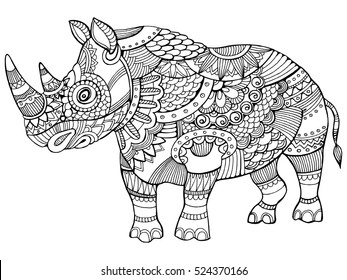 Rhinoceros coloring book for adults vector illustration. Anti-stress coloring for adult. Tattoo stencil. Zentangle style. Black and white lines. Lace pattern