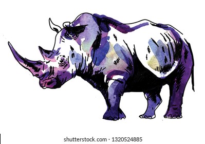 
Rhinoceros. Drawing by hand in vintage style. Texture watercolor paint. Freehand drawing.