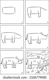 Rhinoceros drawing instruction and coloring book