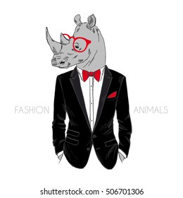 rhinoceros dressed up in tuxedo, hipster animals, fashion animals, anthropomorphism