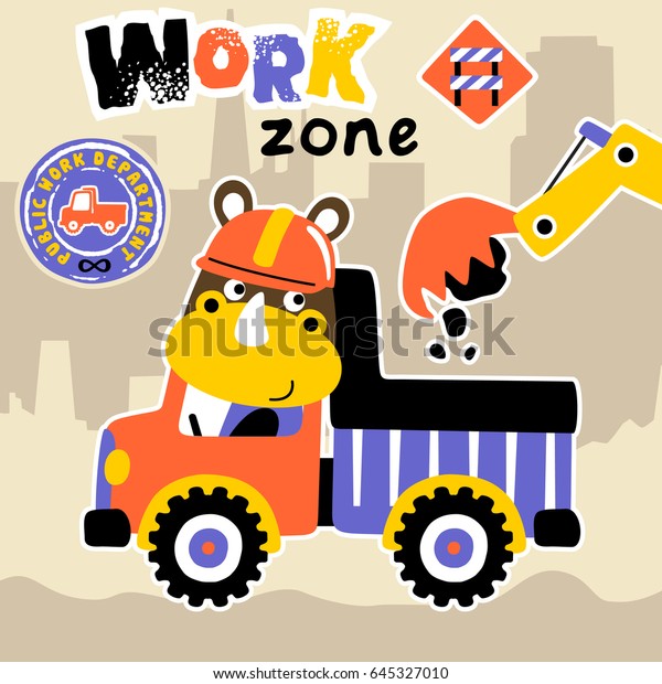 rhinoceros drive a truck in work zone,\
vector cartoon\
illustration